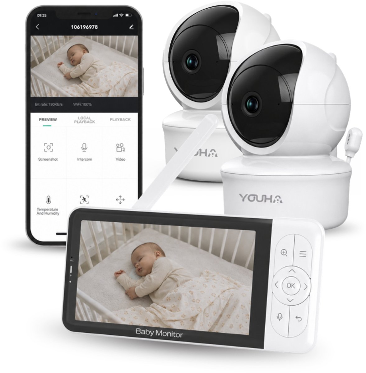 Youha Babyfoon - Babyfoon met Twee Camera's, Kleuren - Product - €199,95