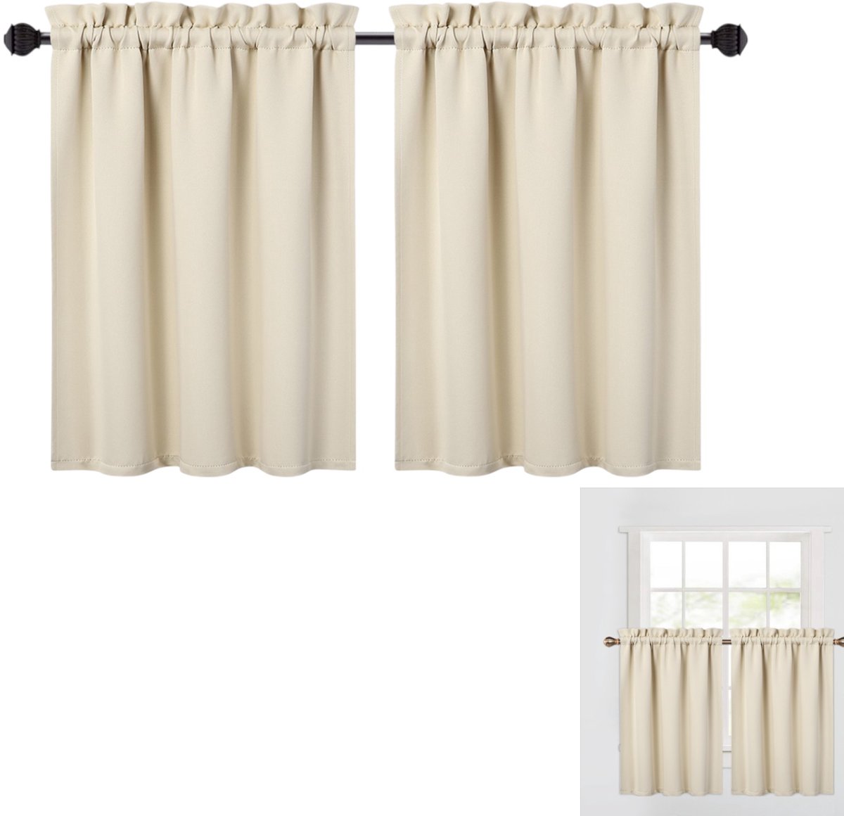 Verduisterende korte gordijnen - Geïsoleerd - Verduisterend - Met gordijnroede - Geschikt voor keukens, badkamers, kleine ramen en campers - Beige 66 x 114 cm