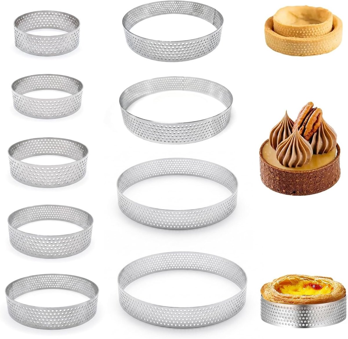 Dessertringen set van 9, roestvrij staal, geperforeerde bakringen voor gebak, mousse, taarten en donuts, ideaal voor doe-het-zelf bakken