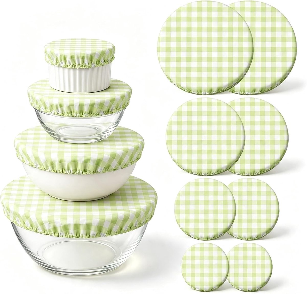Herbruikbare afdekkingen voor levensmiddelen, set van 8, plasticvrij katoen met elastiek, 4 maten voor voedselbescherming 16/20/24/30 cm