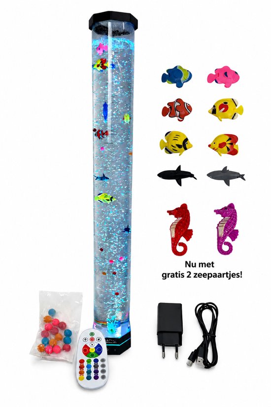 Bubble vis waterkolom met LED-verlichting, draadloze afstandsbediening, 2 zeepaardjes en color orb bolletjes.