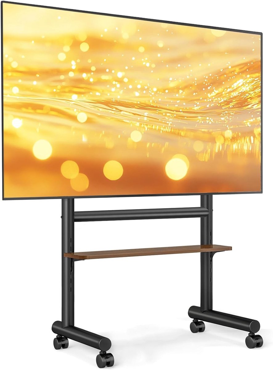 Mobiele TV standaard met wielen voor 40-85 inch televisies, zware rolbare TV eenheid met plank, 60 kg draagvermogen, zwart stalen frame, verstelbaar ontwerp en eenvoudige verplaatsbaarheid
