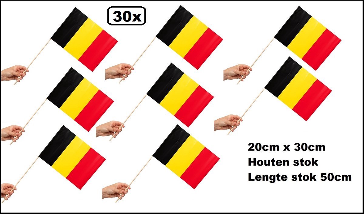 30 stuks Zwaaivlaggetjes op stok Belgie 20cm x 30cm - lengte stok 50cm - Zwaai vlaggetjes EK WK thema feest voetbal festival Belgium uitdeel