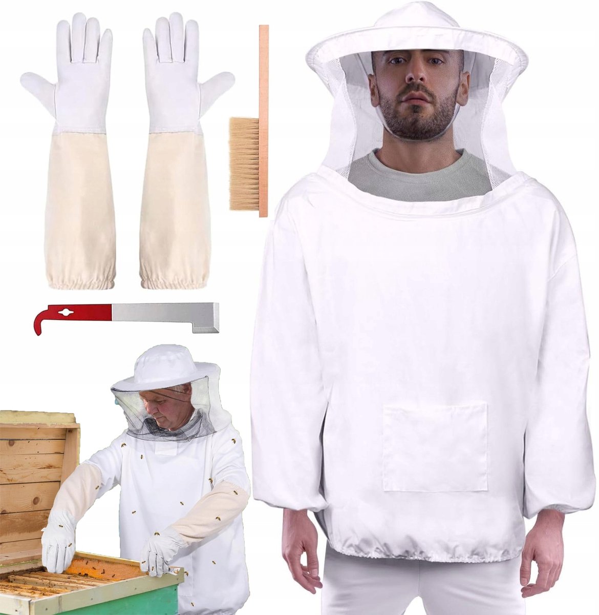 Imkerpak Voor Imkers- Professioneel Imkerkleding- Imkerjas met Kap & Handschoenen - Licht & Ademend - Ritssluiting & Zakken - Afneembaar Gezichtsmasker - met Borstel & Schraper - Beschermingspak Voor Imkers - Voor Beginners & Ervaren Imkers