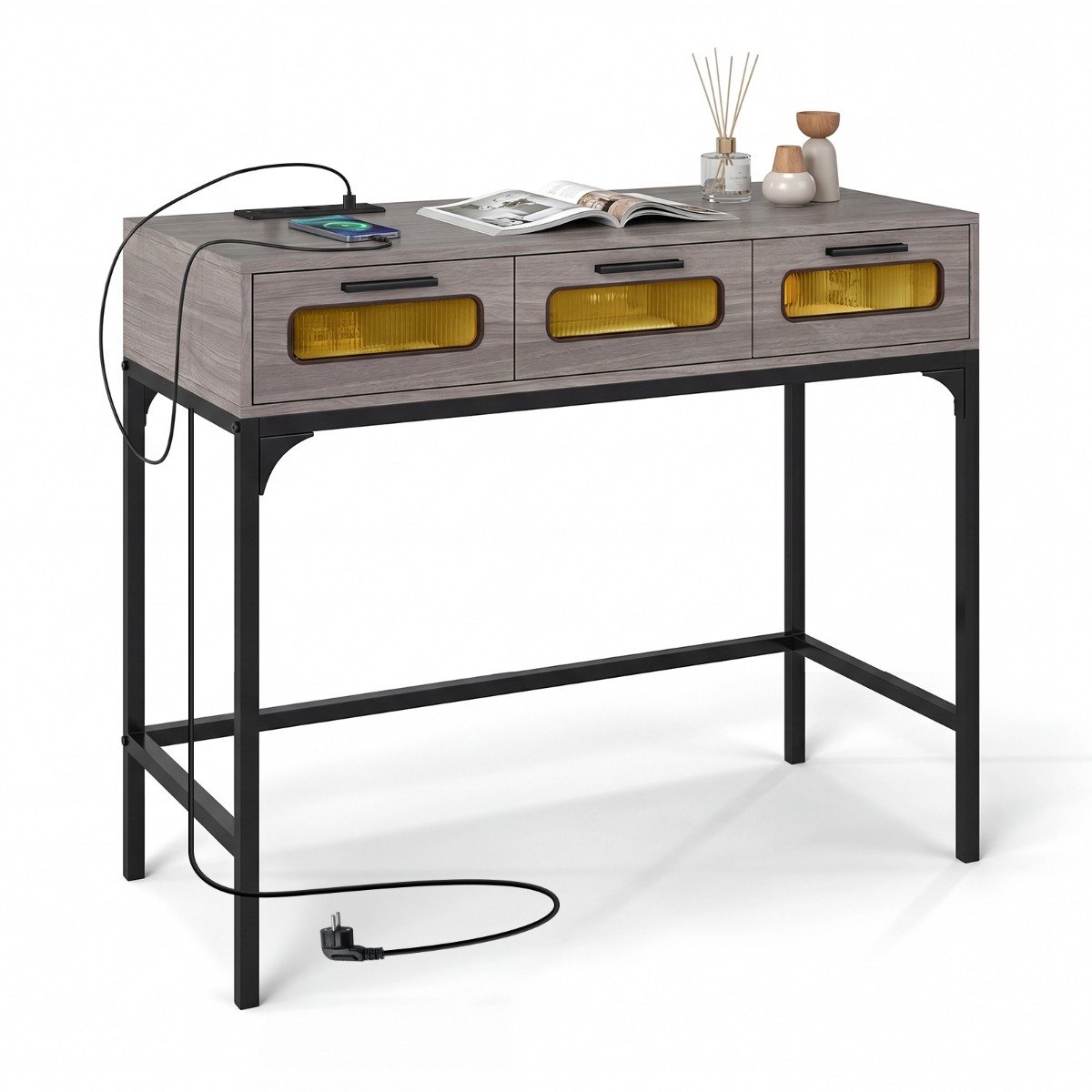 SureDeal® - Consoletafel - Console Tafel Haltafel - Ledverlichting - Oplaadstation Smalle Salontafel - 90x40x75 cm - Grijs