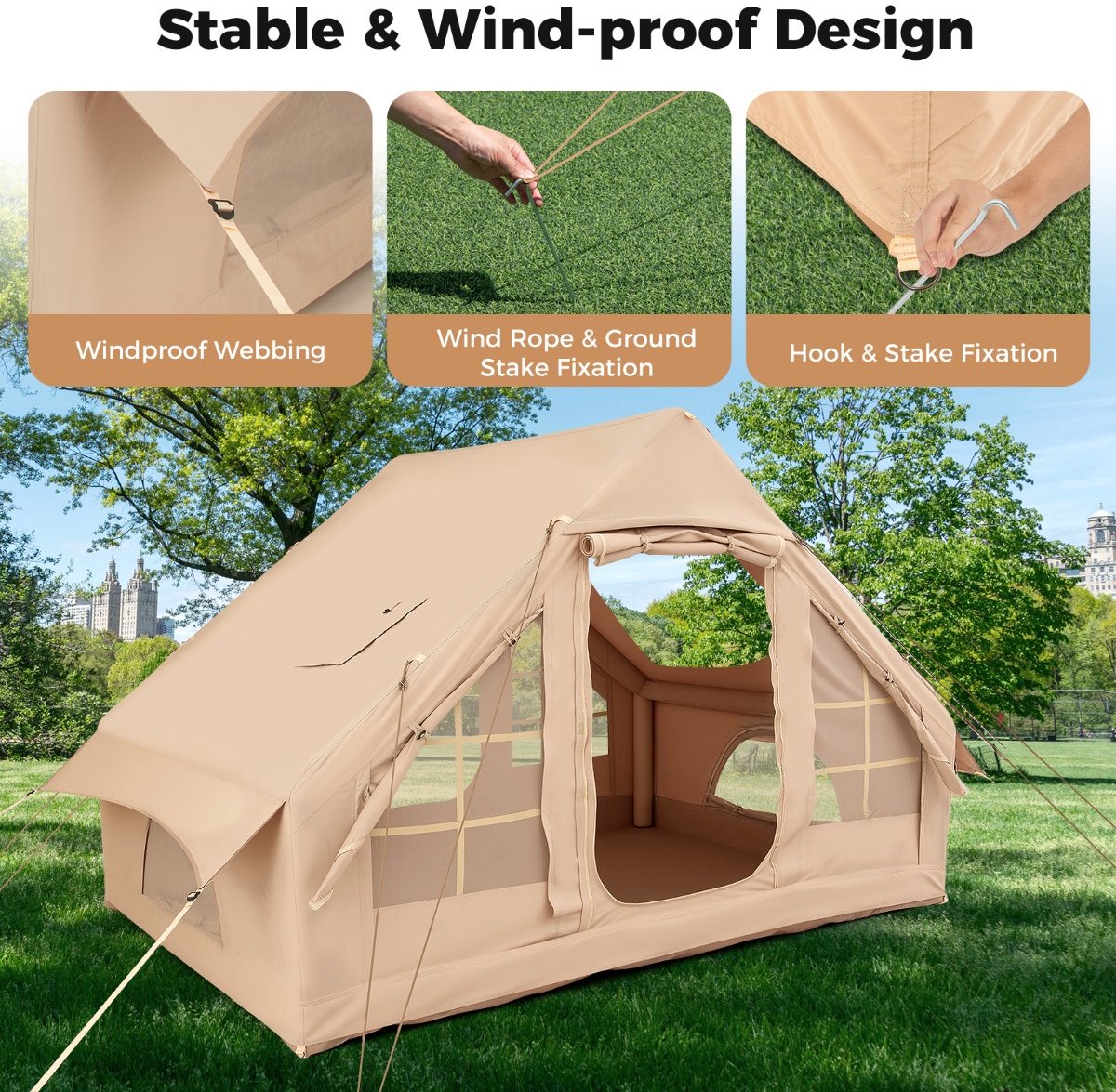 SureDeal® - Kamper - Opblaasbare Tent - Personen Grote Campingtent - Netramen Deuren Beige - 300x210x197 cm - Wit
