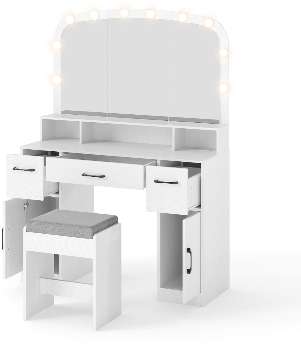 SureDeal® - Kaptafel - Make Tafel - Make Kruk - Lichtkleuren LED spiegel - Oplaadstation Wit - 108x40x149 cm - Wit