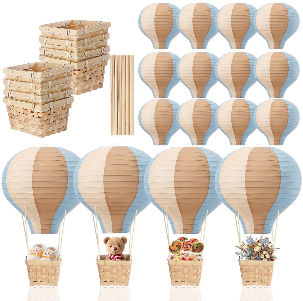 Papieren heteluchtballonnen decoraties - Blauw en bruin - 30 cm