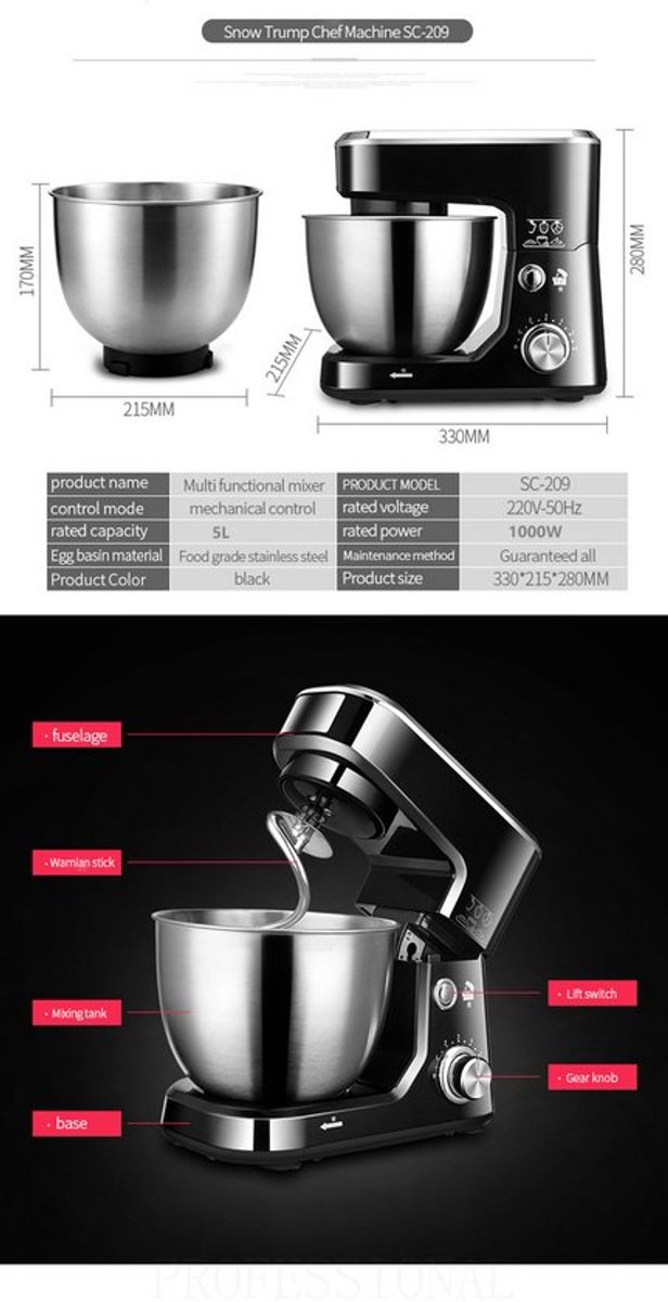 Keukenmachine Deegkneder - 5L Mengkom - 1000 W Vermogen - RVS Kom - Zwart - Standaard Blender