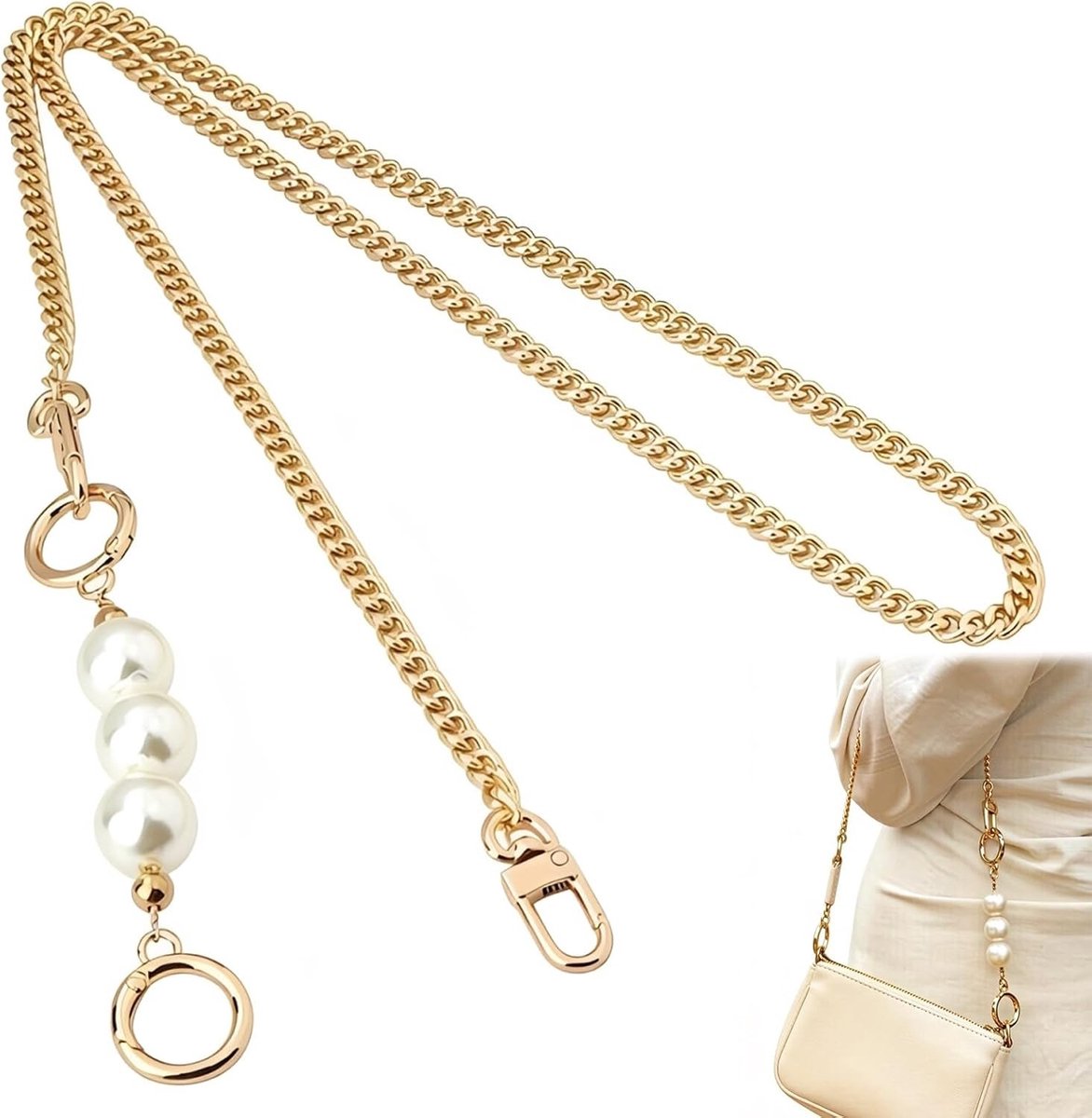 Elegante handtasketting van 120 cm met parels, lichtgouden metalen ketting voor tas, DIY accessoires voor dames en schoudertassen