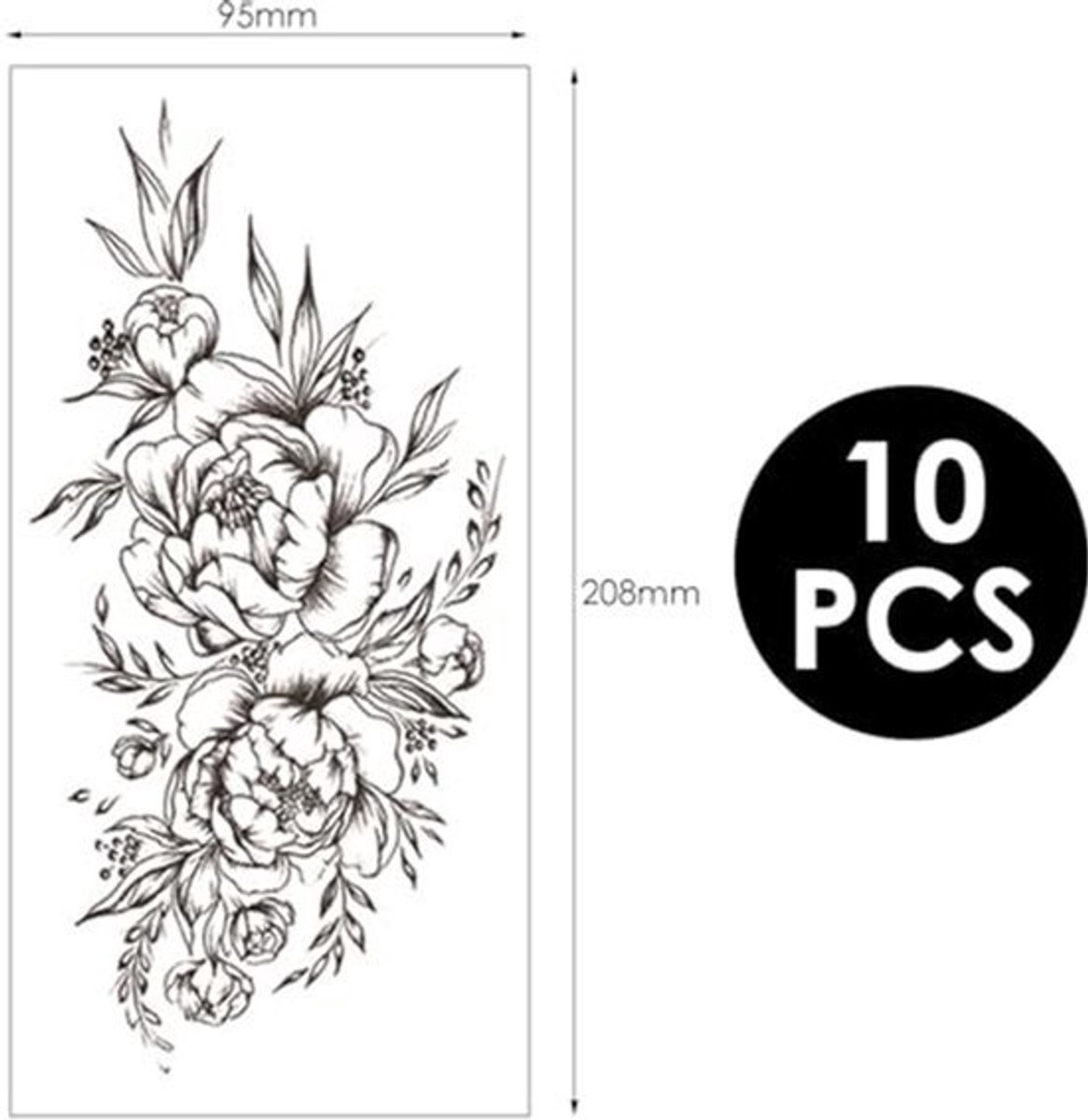 10 Zwarte Bloem Tattoo Stickers - Zelfklevend - 208 x 95 mm