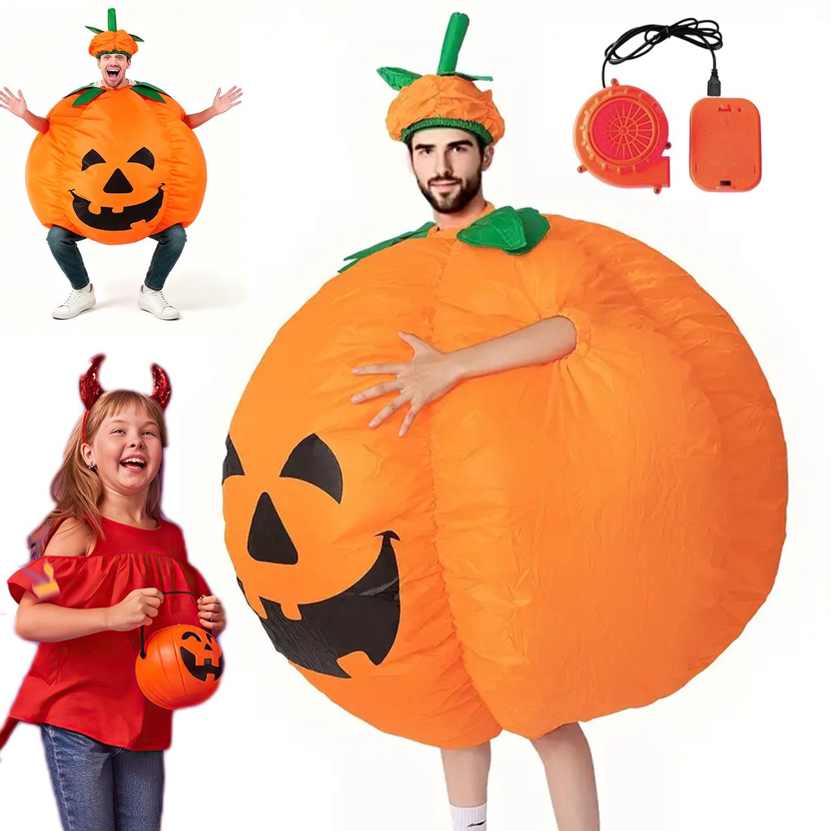 Opblaas Kostuum Pompoen - Pompoen Mascotte Opblaasbare - Halloween Pompoenkostuum - 210T Polyester - Snel Opblazen - Hoed & Blower Inbegrepen - Voor Themafeesten & Halloween & Podium & Cosplay - Leuk Kostuum