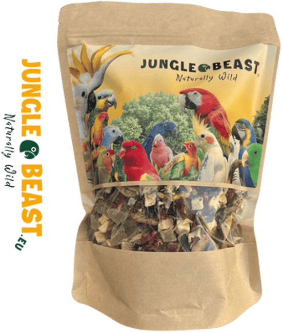 Een bruine papieren zak met papegaaien en 'JUNGLE BEAST Naturally Wild' erop. De zak bevat een vruchten- en kruidenmix.