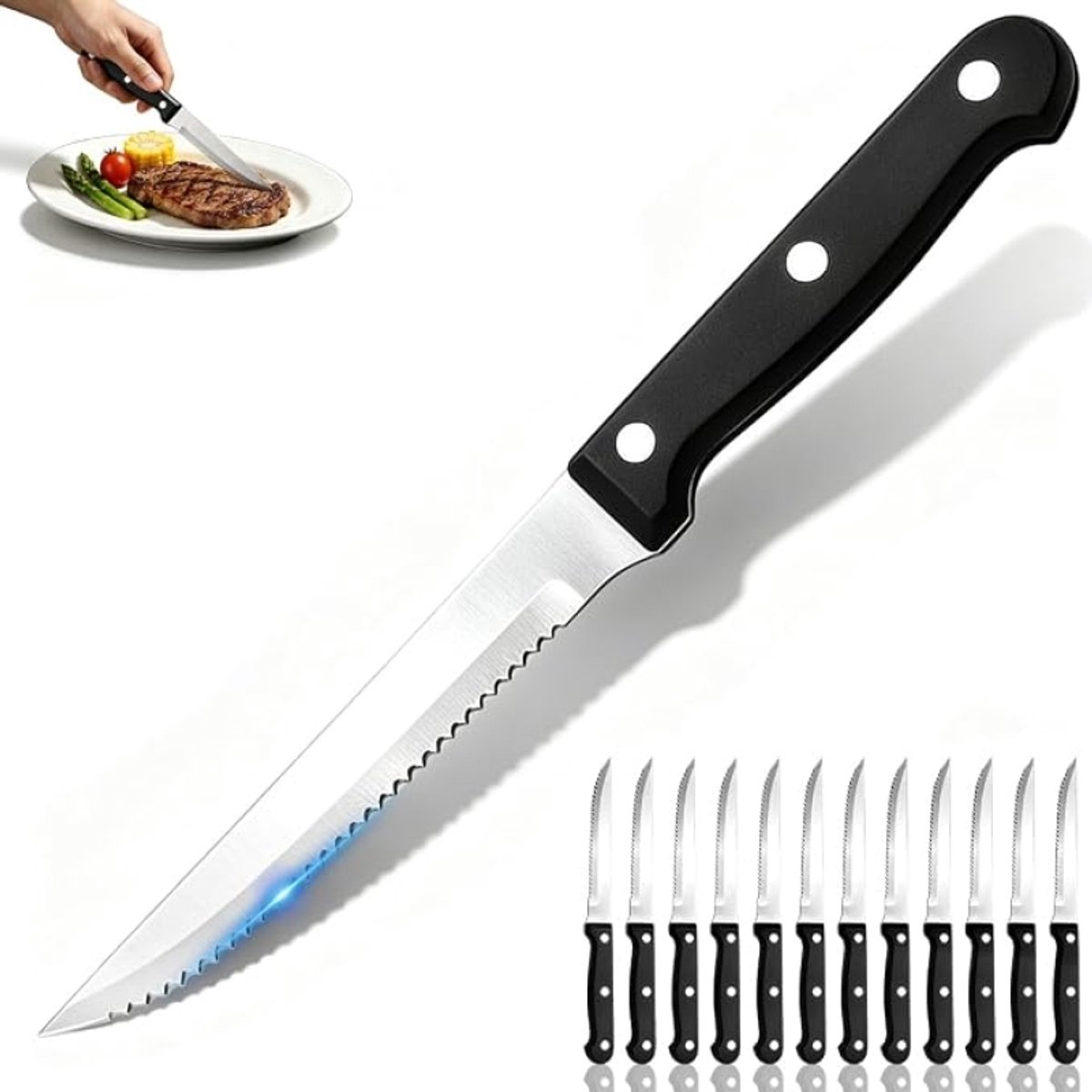 12-delige steakmessenset, roestvrijstalen lemmet, zwart kunststof handvat, monoblok-design, geschikt voor dagelijks gebruik thuis en in restaurants