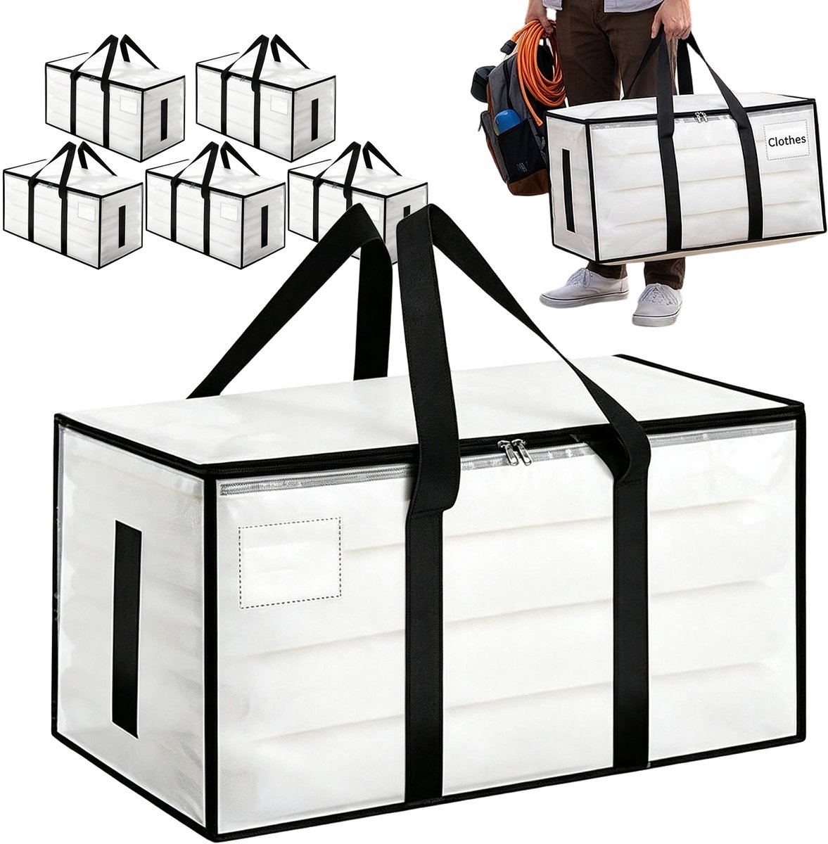 XXL Verhuistassen Set - Verhuis & Opbergtassen - Verhuiszakken - 6 Stuks - 90L - 69x38x35,5 cm - Verstevigde Handvatten - Ritssluiting - Labelvenster - Opvouwbaar - Big Shopper Moving Bag - Voor Verhuizing & Seizoenskleding - Transparant