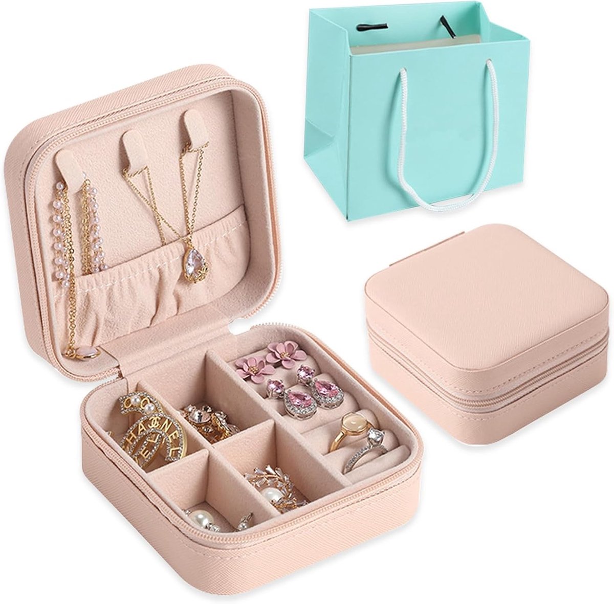 Draagbare kleine sieradenbox, betaalbaar kerstcadeau, ideaal als geschenk voor vrouwen en vriendinnen, praktisch en stijlvol (roze)