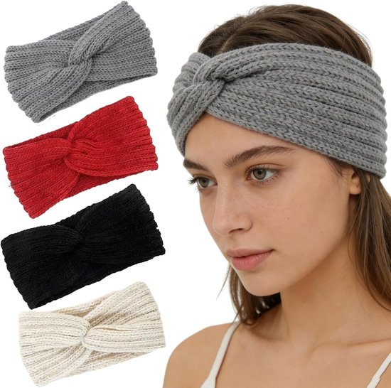 Set van 4 Winter Gebreide Haarbanden voor Dames en Meisjes, Zachte Polyester Oorbeschermers, Ideaal voor Sport, Skiën en Buitenactiviteiten, Verkrijgbaar in Zwart, Beige, Grijs en Rood