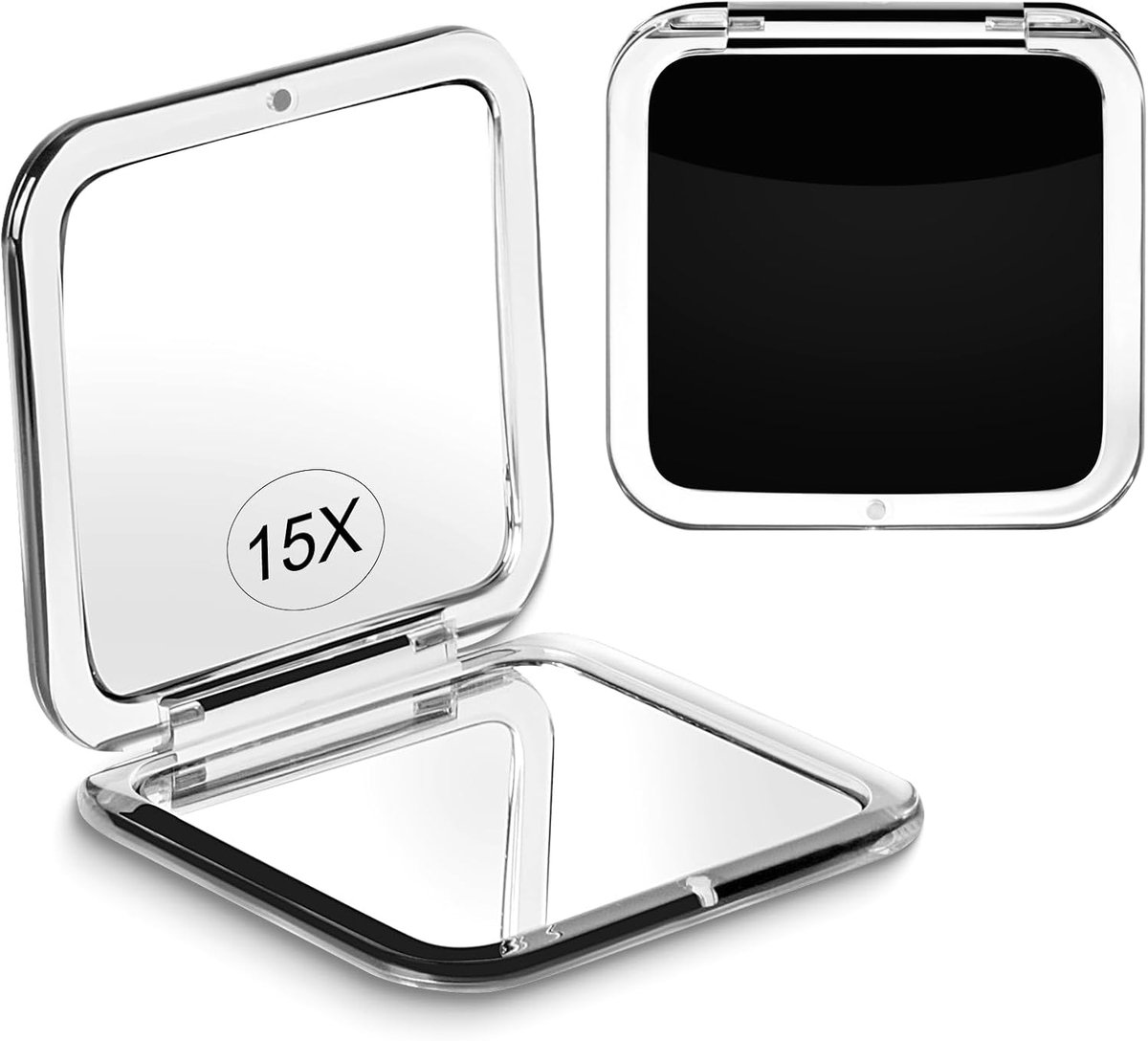 YAGXIG Mini-make-upspiegel - retoucheerspiegel - make-upspiegel met 15x vergroting - opvouwbare draagbare dubbele spiegel - handheld - compacte reiszakspiegel - portemonneevriendelijk - vierkant 3,3 x 3,3 inch (zwart)