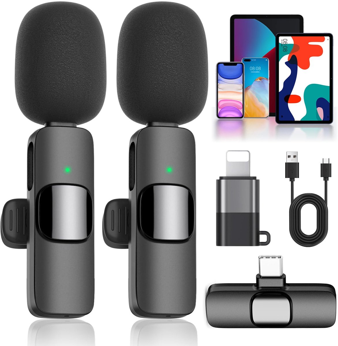 Draadloze Microfoon - Dasspeld Microfoon - 2 Stuks - Lavalier Microfoon - DSP Ruisreductie - Plug & Play - 20 m Bereik - Omnidirectioneel - Type-C & Lightning - Voor Vloggen & Podcast & Interviews & Opnames - Zwart
