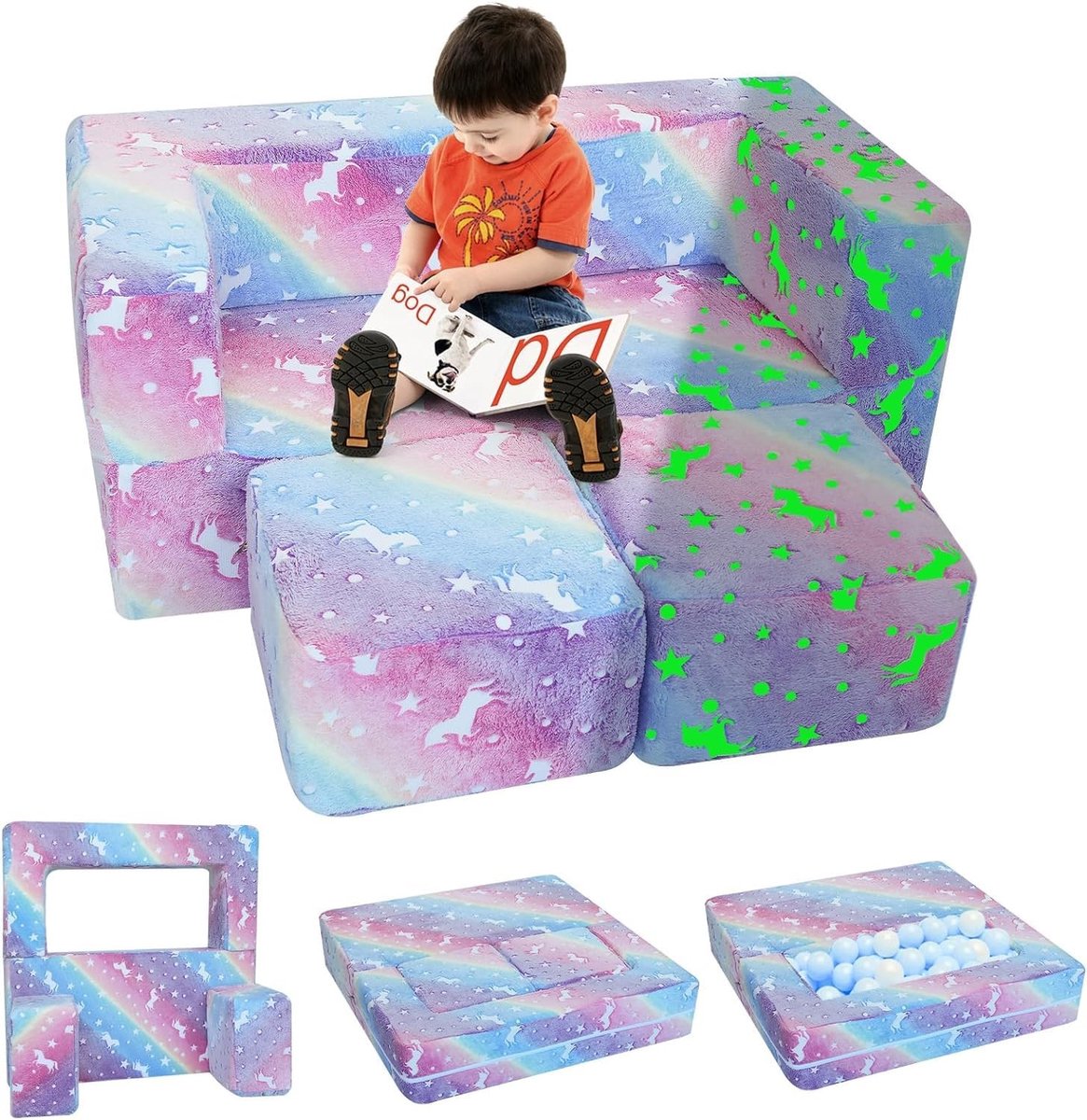 Kids Sofa Bed - Opvouwbare en Glow in The Dark Rainbow Lounger
