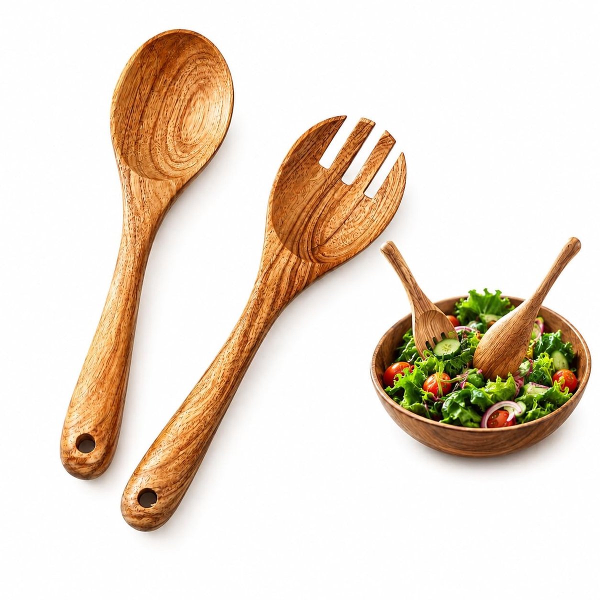 Set van 2 Saladegerei - Houten Lepel en Vork - Natuurlijk Hout