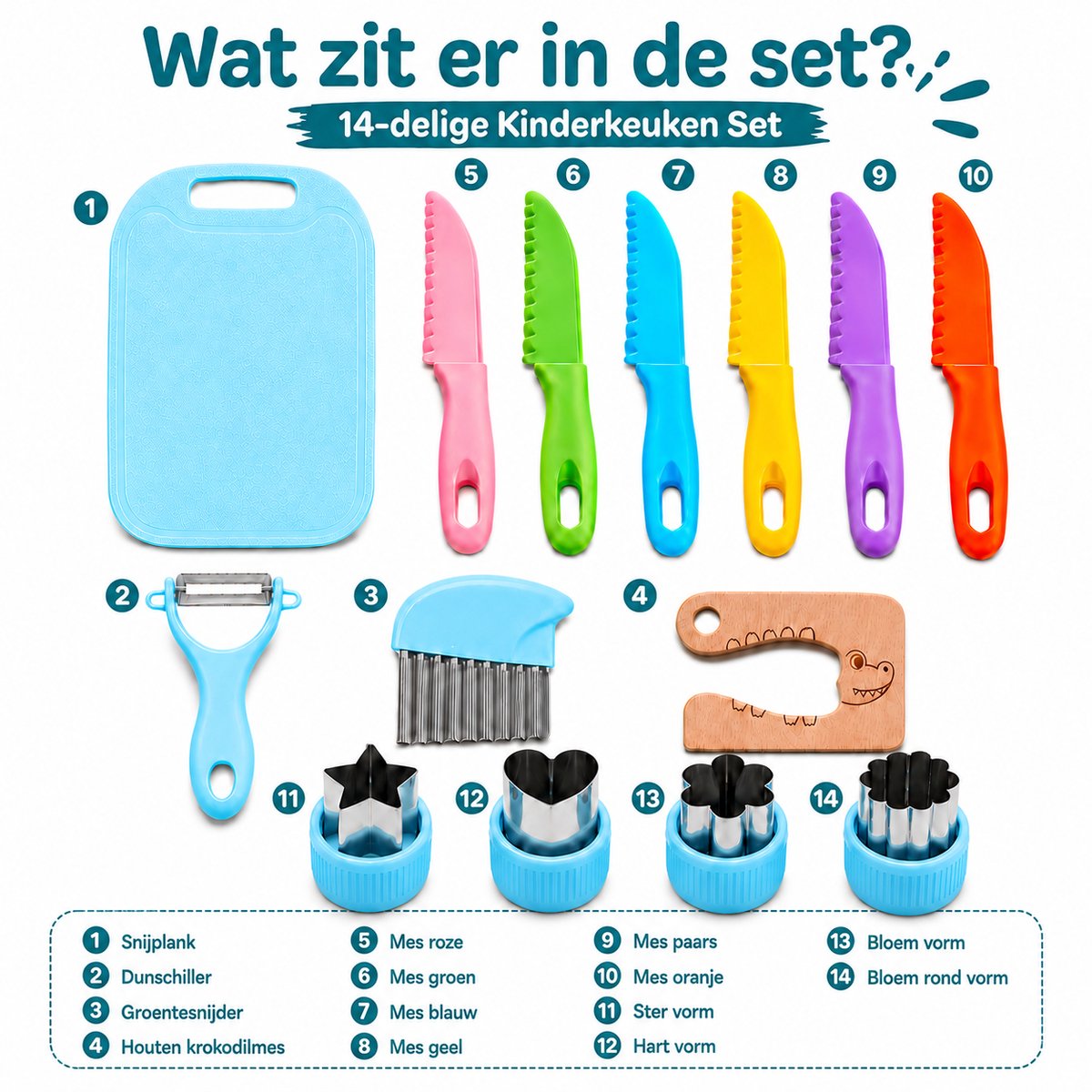 Joybelli® Kinderkeuken Set 14-delig | Kindermessen | Snijplank | Dunschiller | Uitsteekvormpjes | Veilig Kookgerei voor Kinderen — afbeelding 7