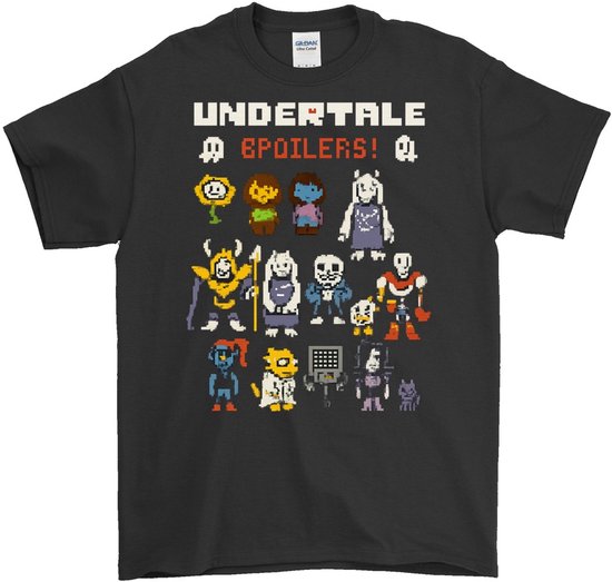 Zwart T-shirt met Undertale-print. Personages in pixelart-stijl, met "UNDERTALE ↓ SPOILERS! ↓".