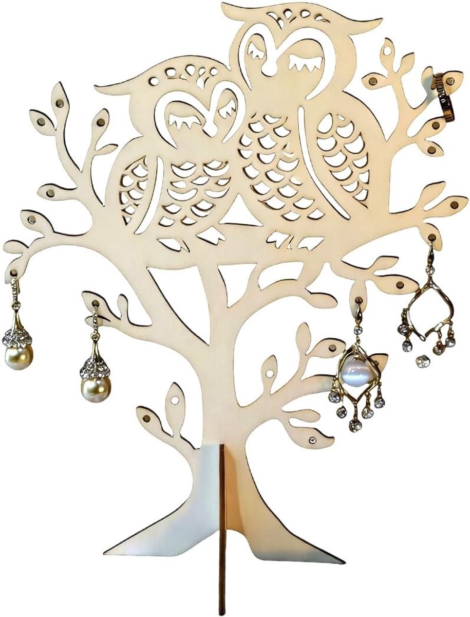 Houten sieradenstandaard voor vrouwen en meisjes, sieradenorganiser voor oorbellen, kettingen, armbanden, horloges en ringen