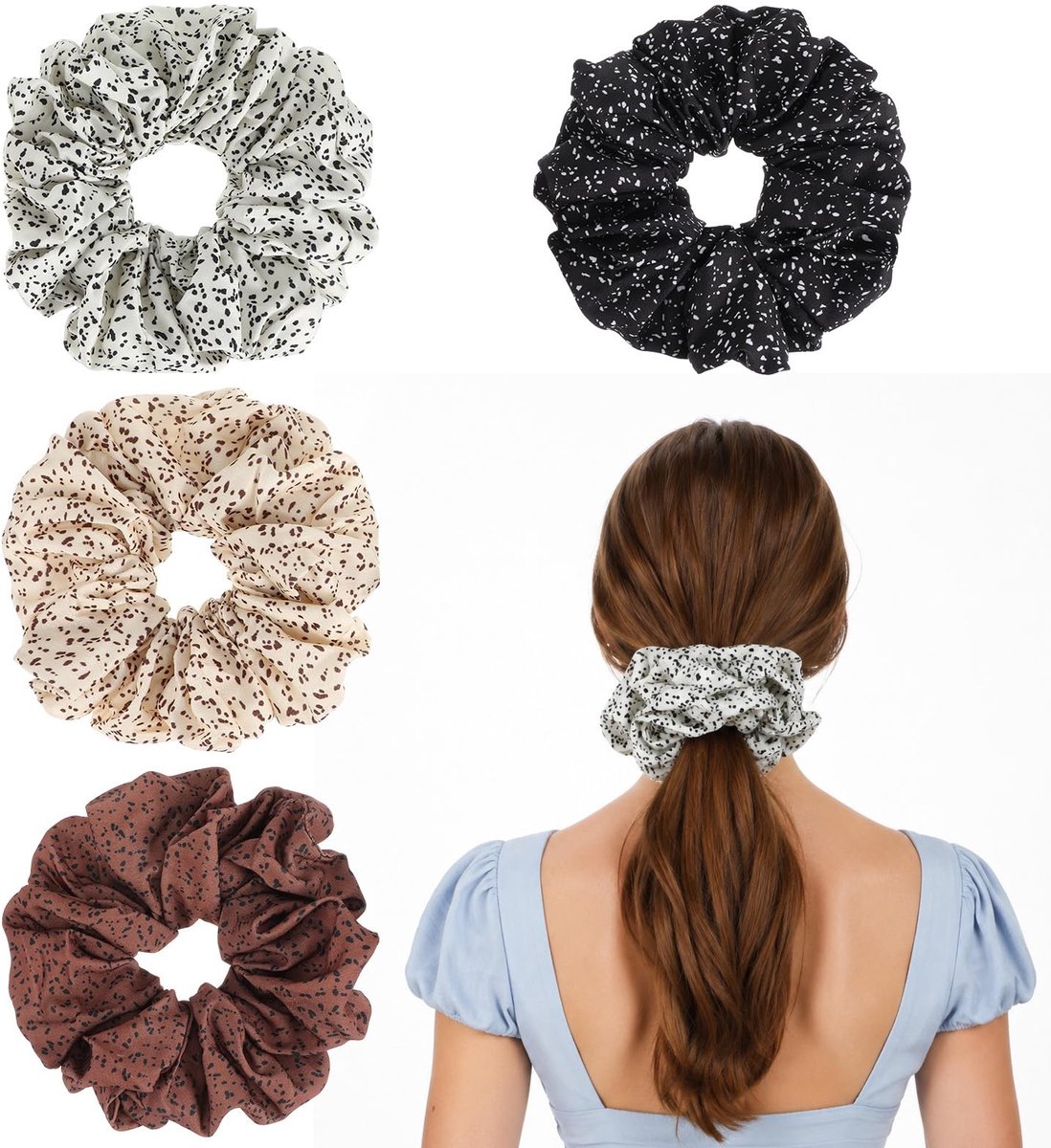 Grote Scrunchies - Set van 4 - Wit, Khaki, Bruin, Zwart