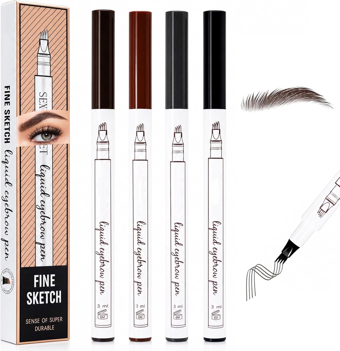 Wenkbrauwstiften met microvorkpunten voor een natuurlijk microblading-effect, veegvast en langdurig resultaat, 4 stuks