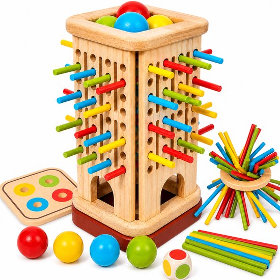 Houten Montessori 3-in-1 spel met kleurrijke stokjes, ballen en een sorteerbord. De toren heeft gaten voor de stokjes en een selectie van de onderdelen.