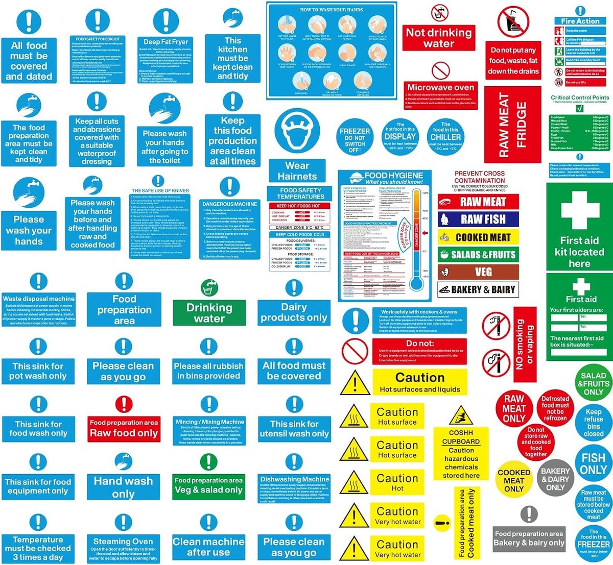 Complete Set van 68 Keuken Accessoires Veiligheidsstickers - Vinyl Keuken Hygiëne Stickers, Voedselveiligheid Labels en Instructie Stickers voor een Veilige Keukenomgeving