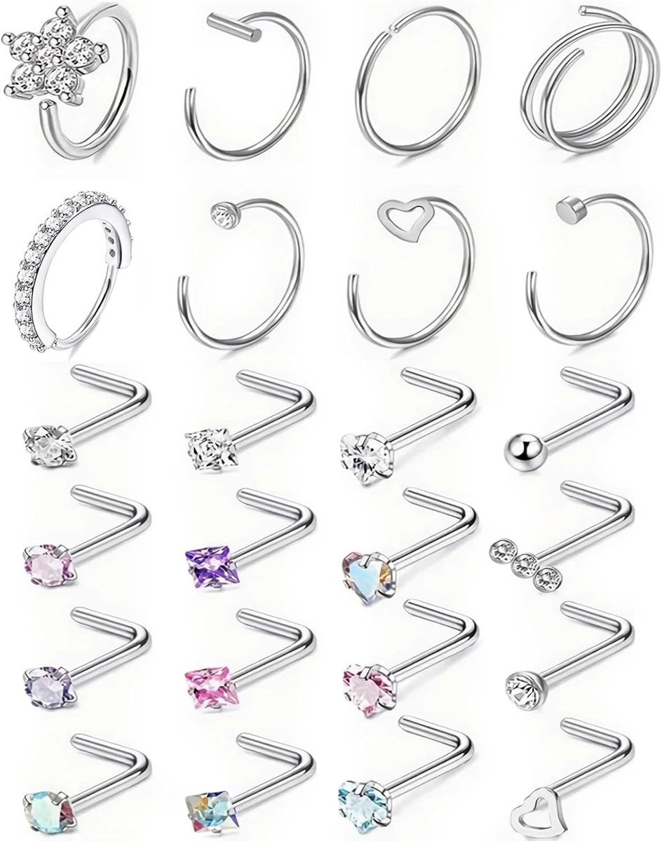 Neuspiercing Sieraden 24 Stuks, Roestvrijstalen Neuspinnen en Neusschroeven, L-vorm, Hart en Vierkant Kristal, Zilverkleurig