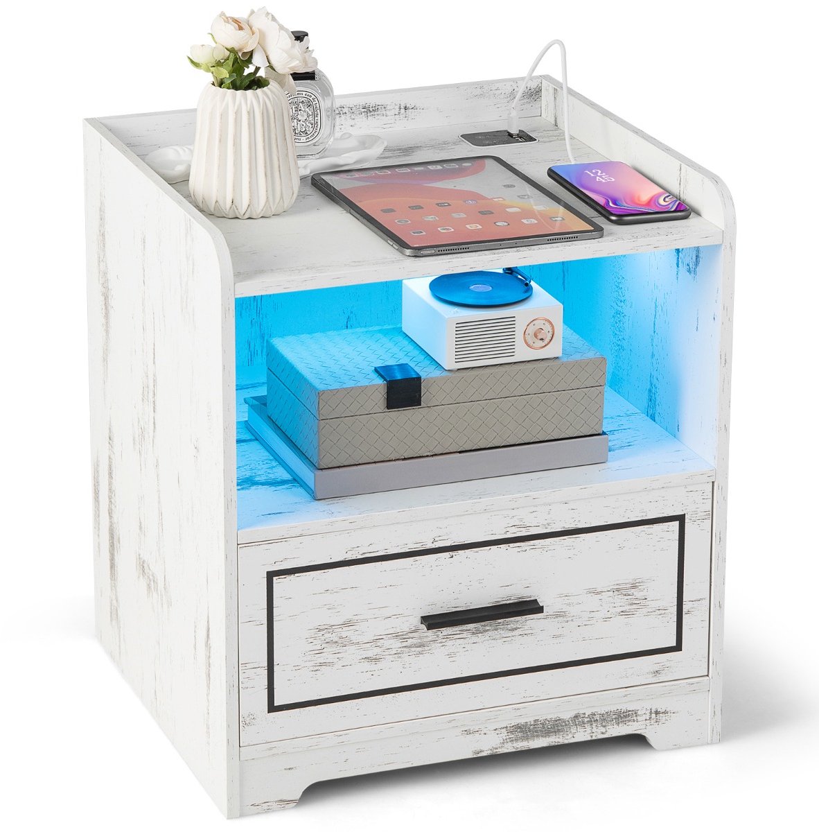 SureDeal® - Nachtkastje - Intelligent LED USB - Helderheid Menselijk Lichaam - Open Plank Lade - 45x40x50 cm - Wit