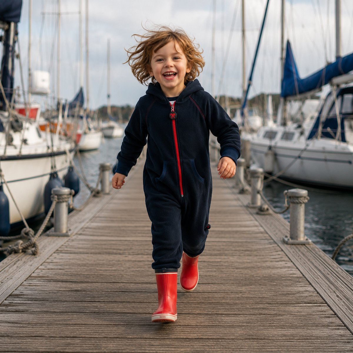 Ducksday - Fleecepak - Onesie voor kinderen - unisex - Donkerblauw / rood - maat 104/110 - PFAS vrij
