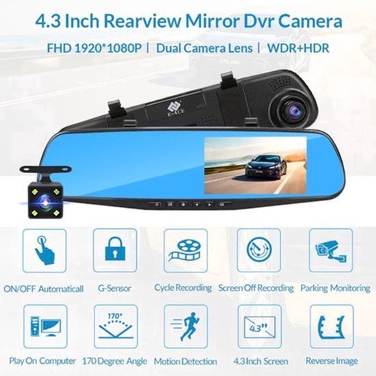 Dashcam voor Auto - Dashcam 4.3 Inch - Full HD 1080P Auto Rij Recorder - Achteruitkijkspiegel DVR - Nachtzicht, Bewegingsdetectie & Parkeermodus - 6M Achteruitrijcamera - Zonder Geheugenkaart - Zwart