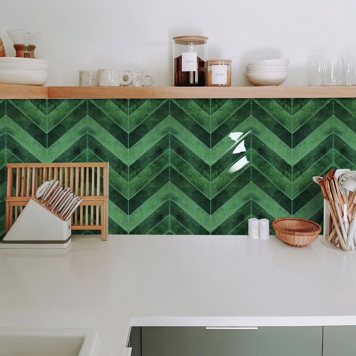 Set van 10 3D Vinyl Wandtegel Stickers - Groen Herringbone 29 x 22,9 cm