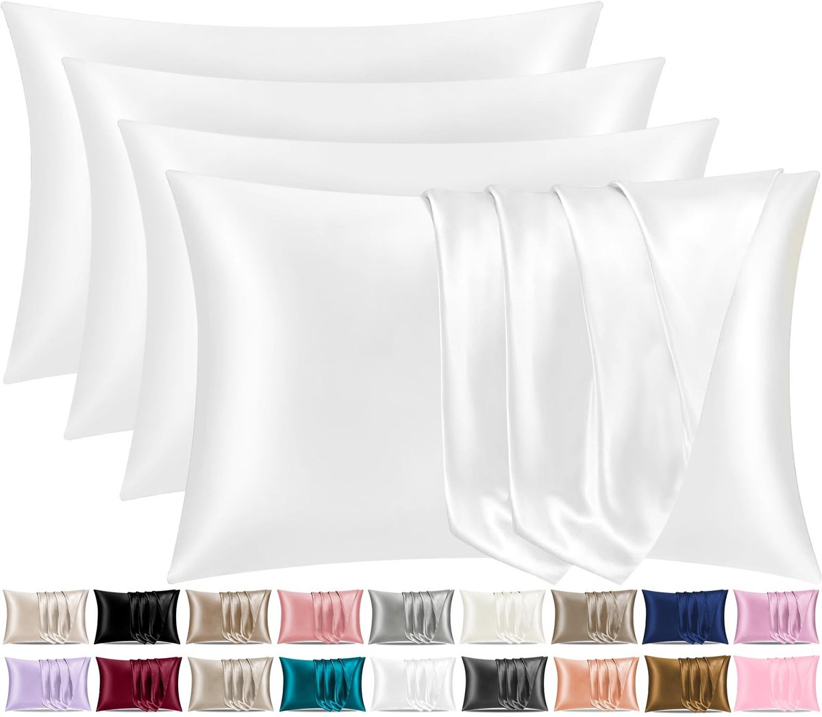 Satijnen zijden kussenslopen 4-pack - Standaard maat met envelopsluiting - Wit