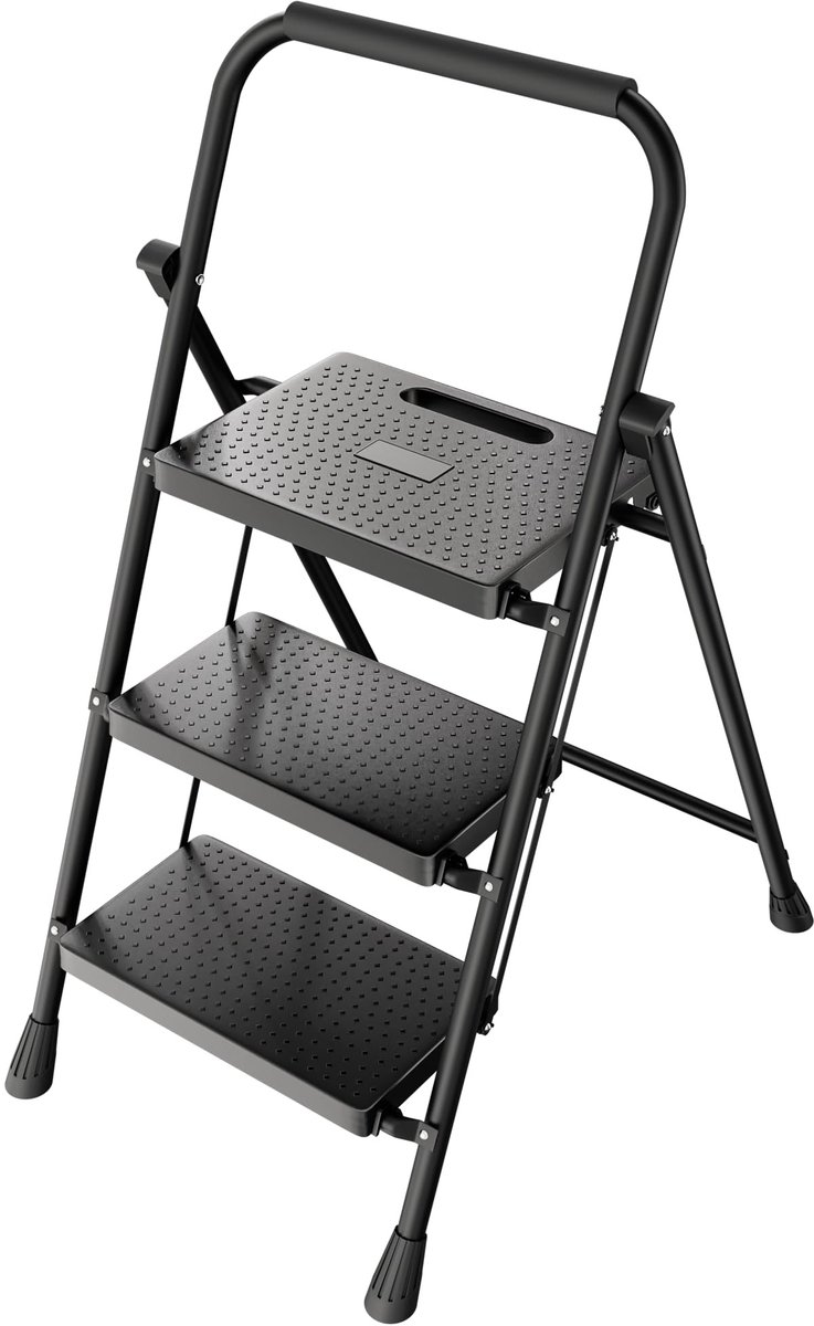 Vouwladder met 3 treden - Stalen frame en antislip kunststof - Zwart