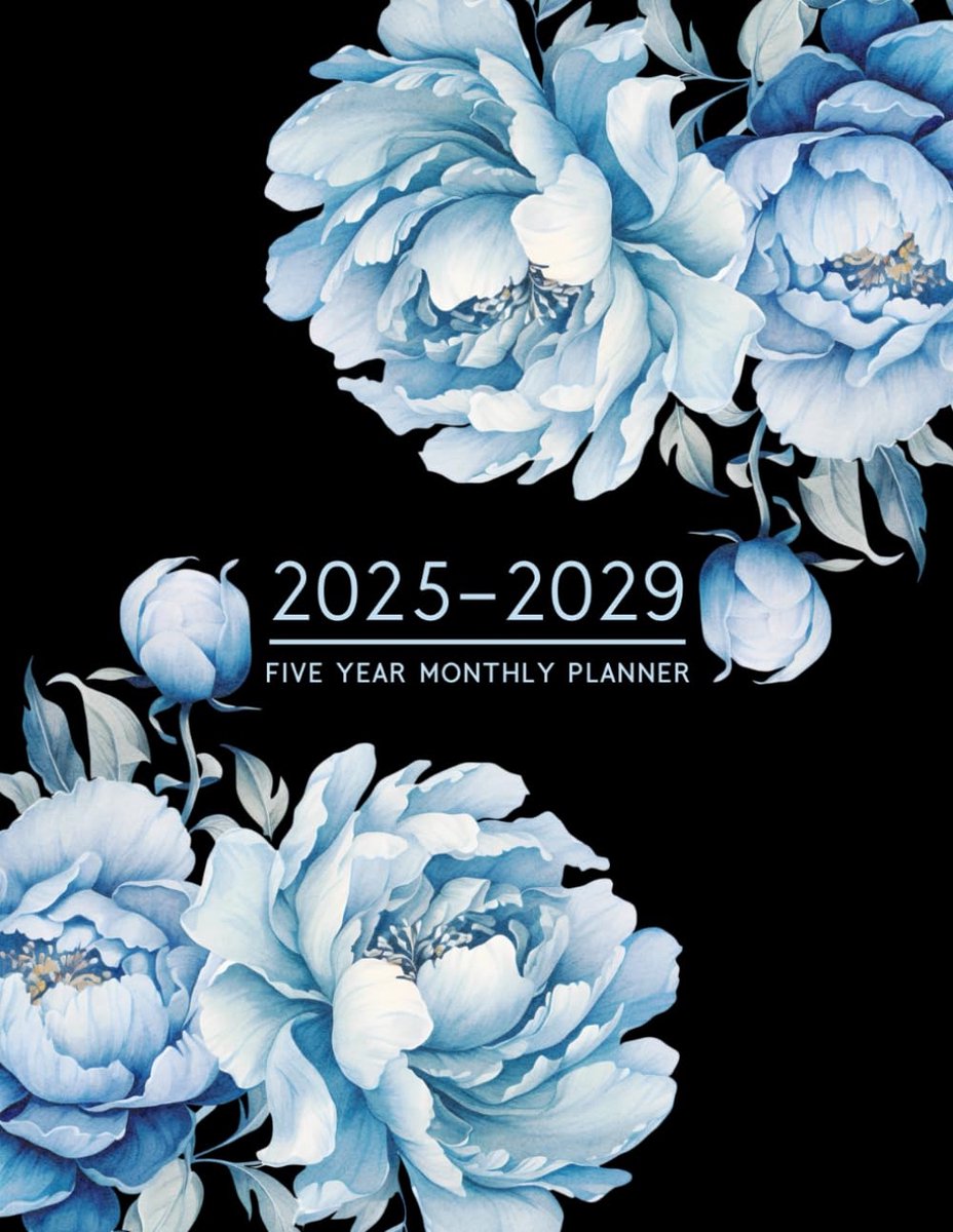 Maandplanner 2025-2029 A4 - Prachtige blauwe bloemen - 5 jaar overzicht - Perfect voor organisatie - ShopVlot