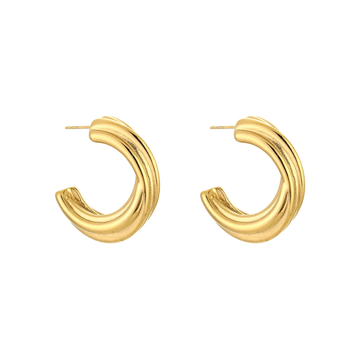 Stainless Steel Chunky Triple Ribbon Open Hoops – Luxe Ribbel Halve Oorringen – RVS - Goud