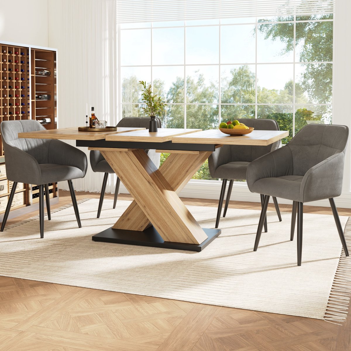 MEUNIQ Uitschuifbare eettafel 119-158,5 x 80 x 75 cm rechthoekige telescooptafel met X-poten en verstelbare voetdoppen voor eetkamer of woonkamer naturel