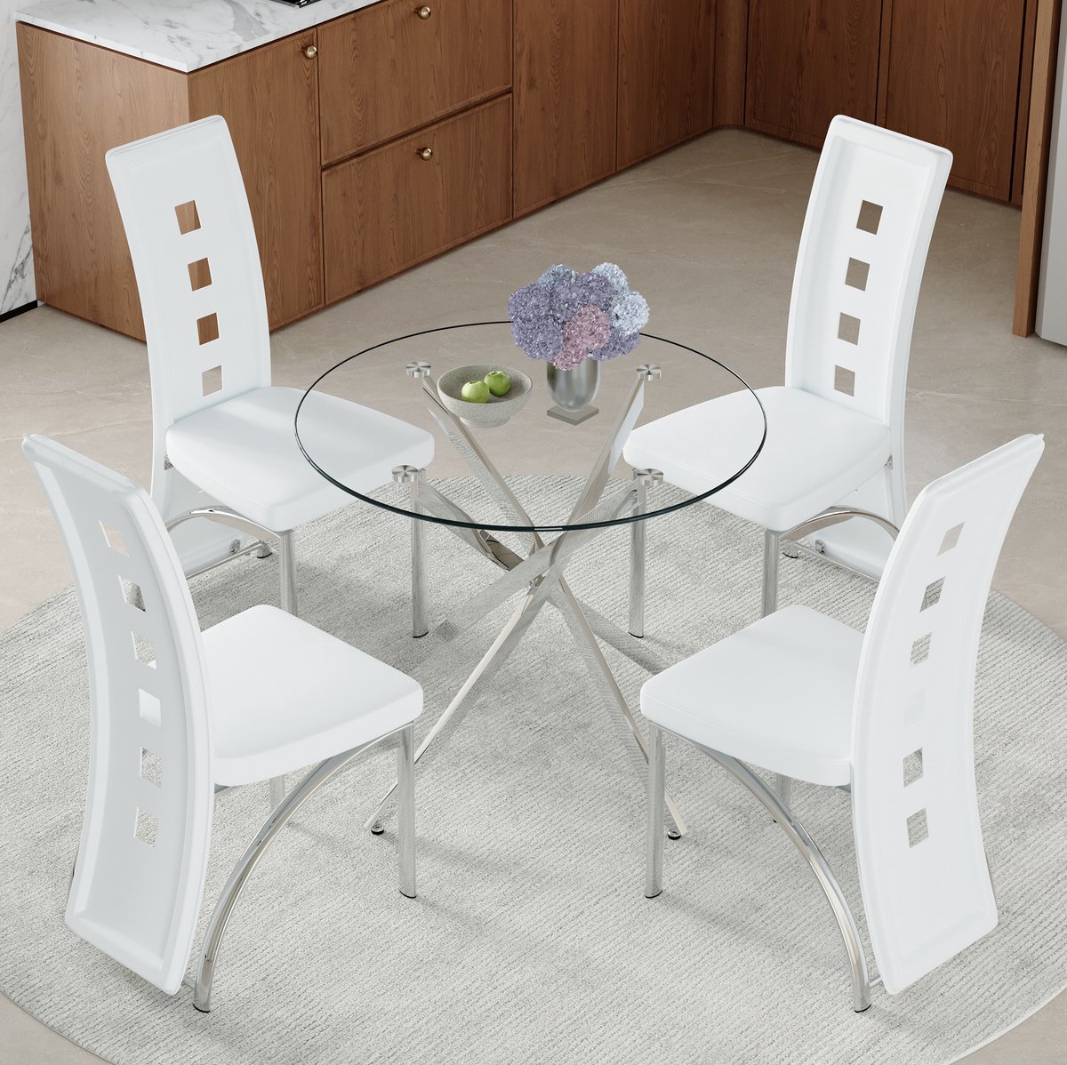 MEUNIQ set tafel en stoelen 5-delig met ronde eettafel 88 cm van gehard glas en 4 witte ee