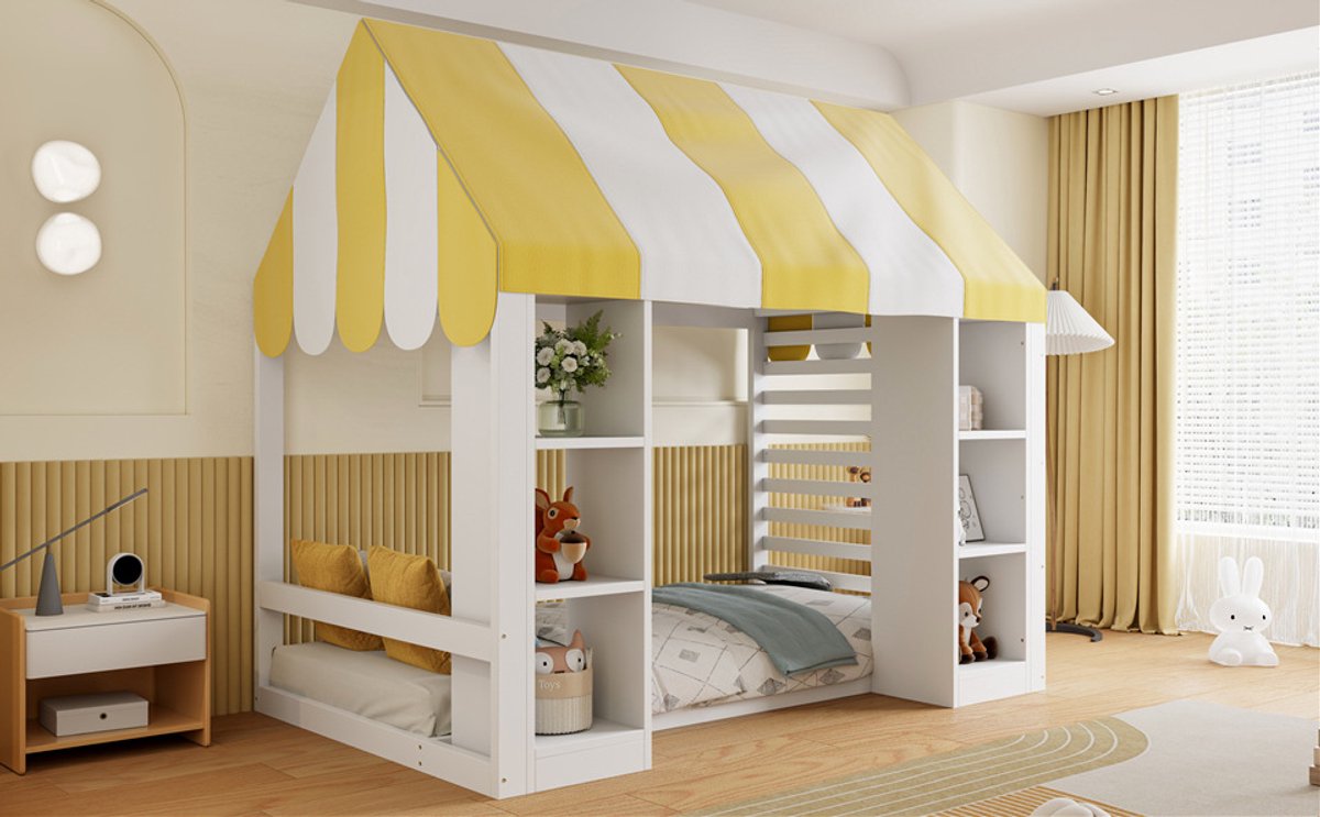 OKWISH Hoogslaper 90x200 cm - Hemelbed Met Open Opbergruimte - Kinderbed In Landhuisstijl - Houten Look - Zonder Matras - Wit