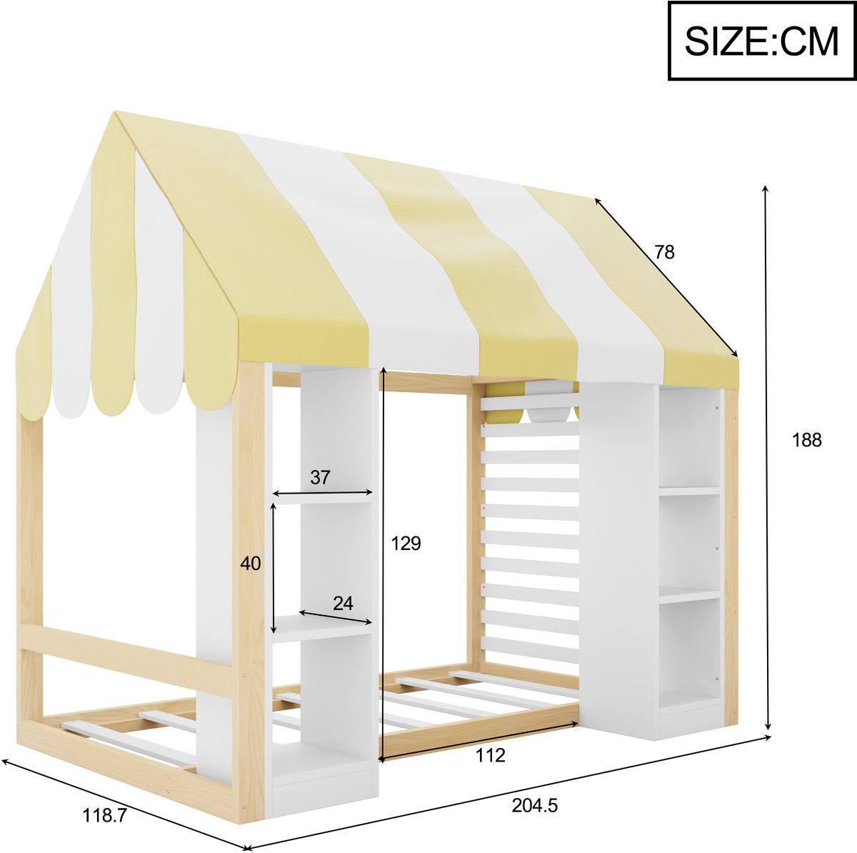 Kinderbed 90 x 200 cm – Hemelbed In Landhuisstijl Met Open Opbergruimte – Hoog Bed Voor Kinderkamer – Houtkleur En Wit – Zonder Matras