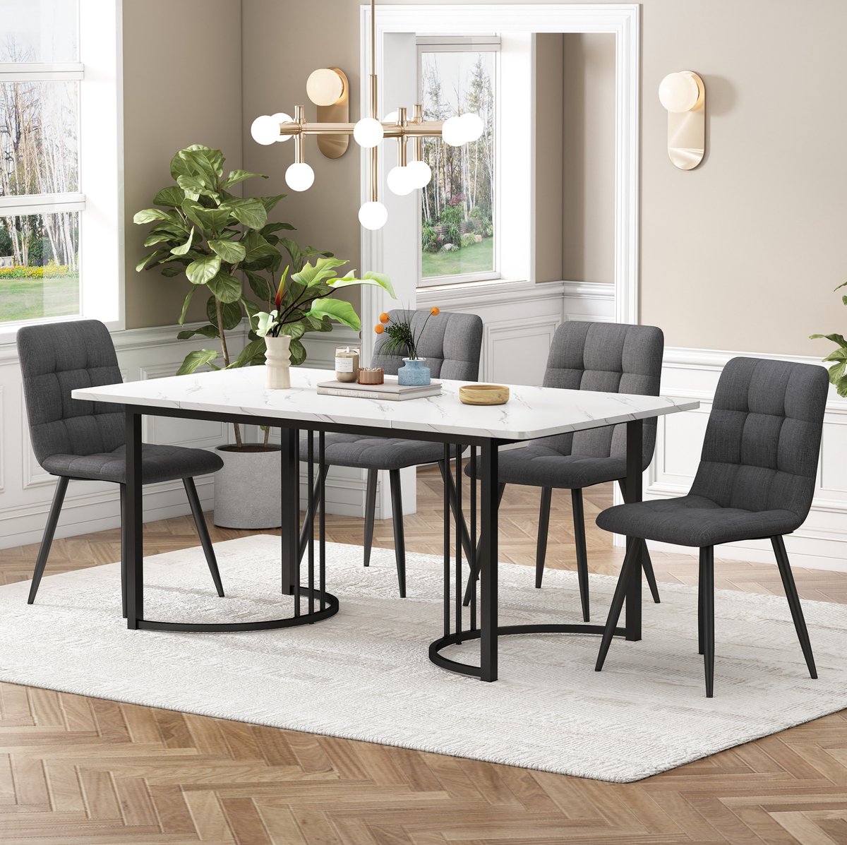 MEUNIQ 5-delige eettafelset met 4 stoelen, 140 x 80 cm eettafel met marmerlook blad, zwart