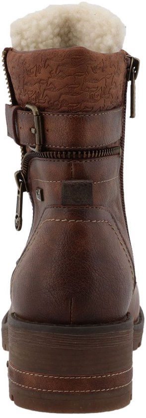 Bruine leren veterlaars van Mustang, achterkant met gesp, rits en bontkraag.
