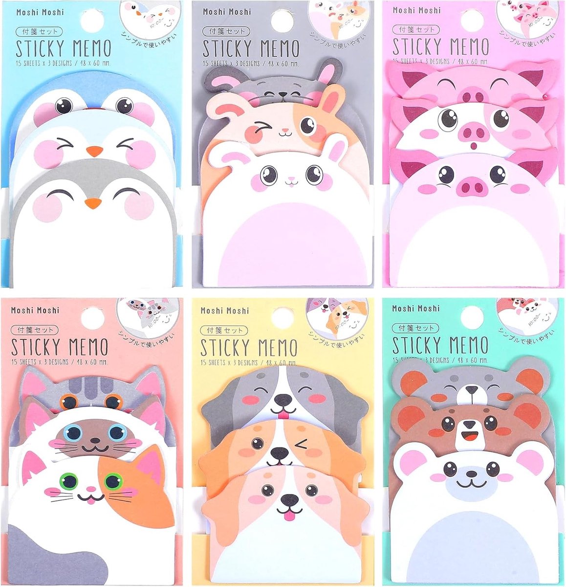 Set van 6 schattige dieren plaknotities, Kawaii zelfklevende memoblokken voor kantoor en school, kleurrijk briefpapier en creatieve notities