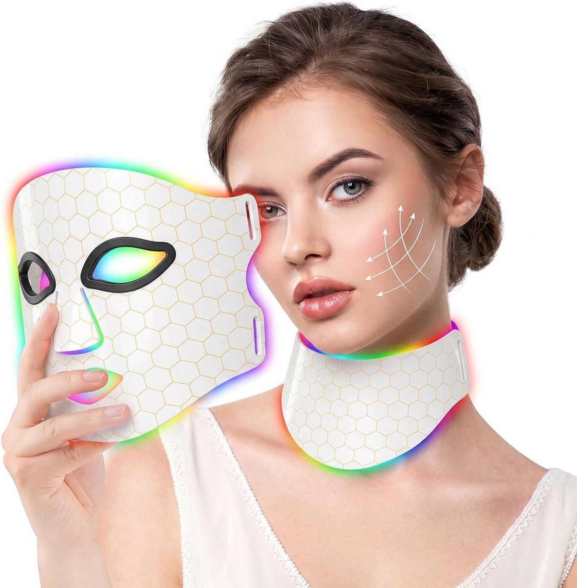 Gezichtsmasker Hals - Huidverjonging Therapie - Thuis Beauty Behandeling - 7 Kleur Modi - 103 LED Lampjes - Wit