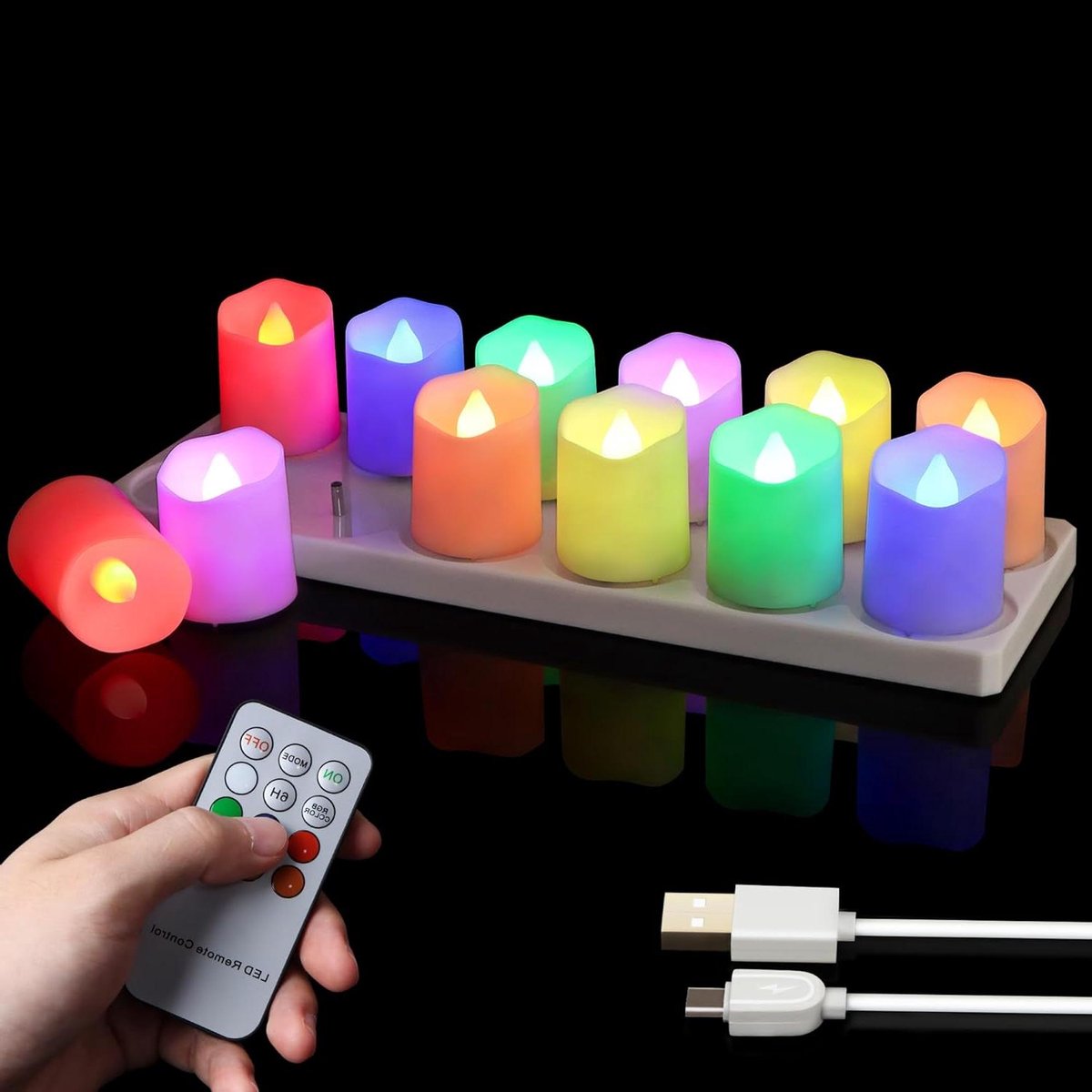 Oplaadbare LED kaarsjes - Theelichtjes set - Feestelijke sfeer creëren - Inclusief laadstation - 12 stuks - Kleurrijk